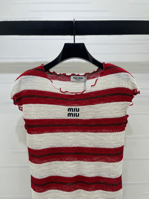 Miu 26 Color-blocked Striped Short-sleeved Top Red in Acrylic 380671