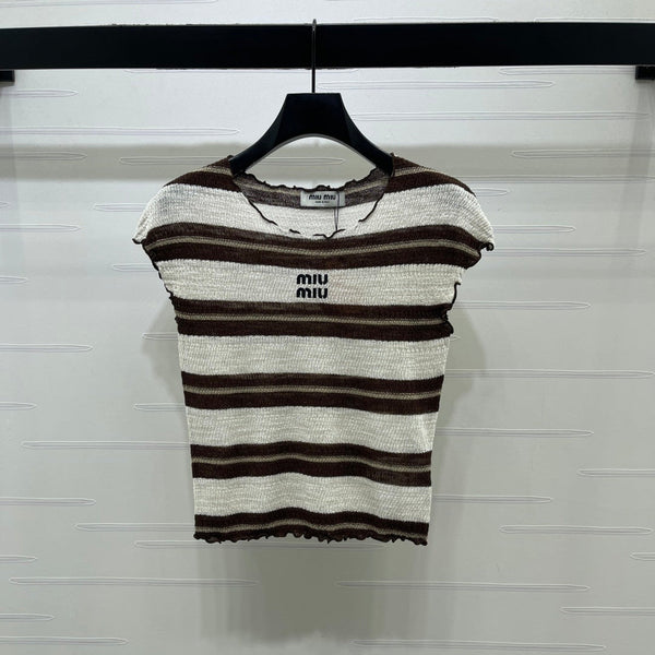 Miu 26 Color-blocked Striped Short-sleeved Top Brown in Acrylic 380670