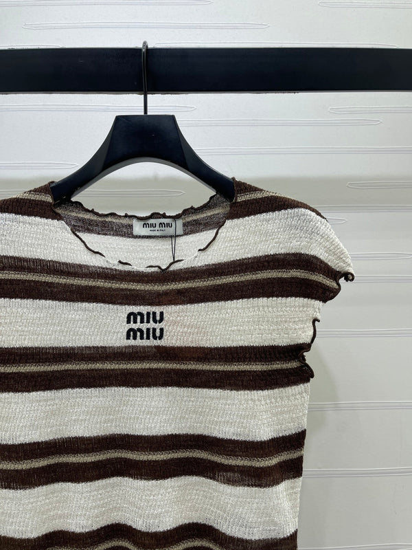 Miu 26 Color-blocked Striped Short-sleeved Top Brown in Acrylic 380670