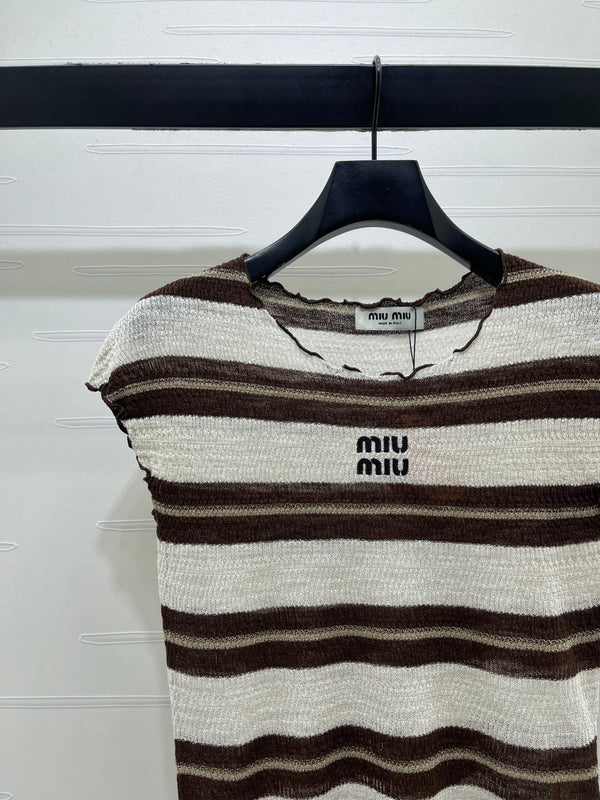 Miu 26 Color-blocked Striped Short-sleeved Top Brown in Acrylic 380670