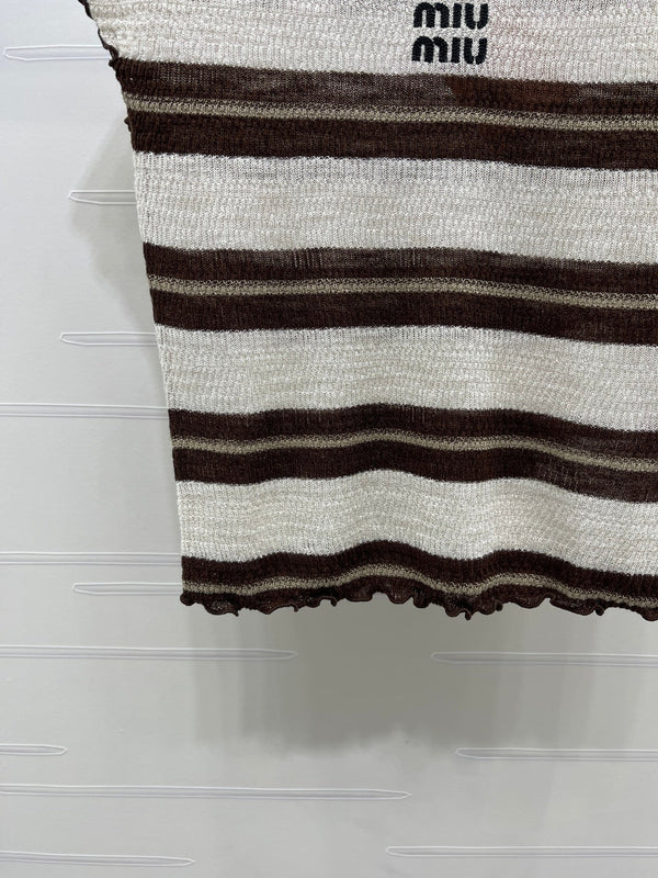 Miu 26 Color-blocked Striped Short-sleeved Top Brown in Acrylic 380670