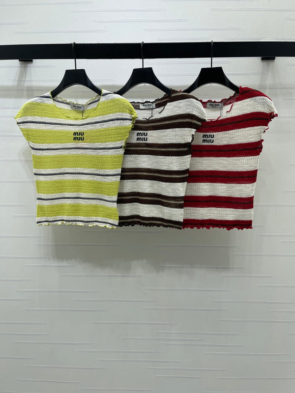 Miu 26 Color-blocked Striped Short-sleeved Top Green in Acrylic 380669