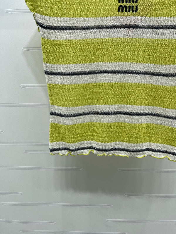 Miu 26 Color-blocked Striped Short-sleeved Top Green in Acrylic 380669
