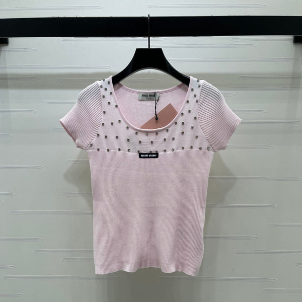 Miu 26 U-Neck Short-Sleeve Top Pink in Wool 375886
