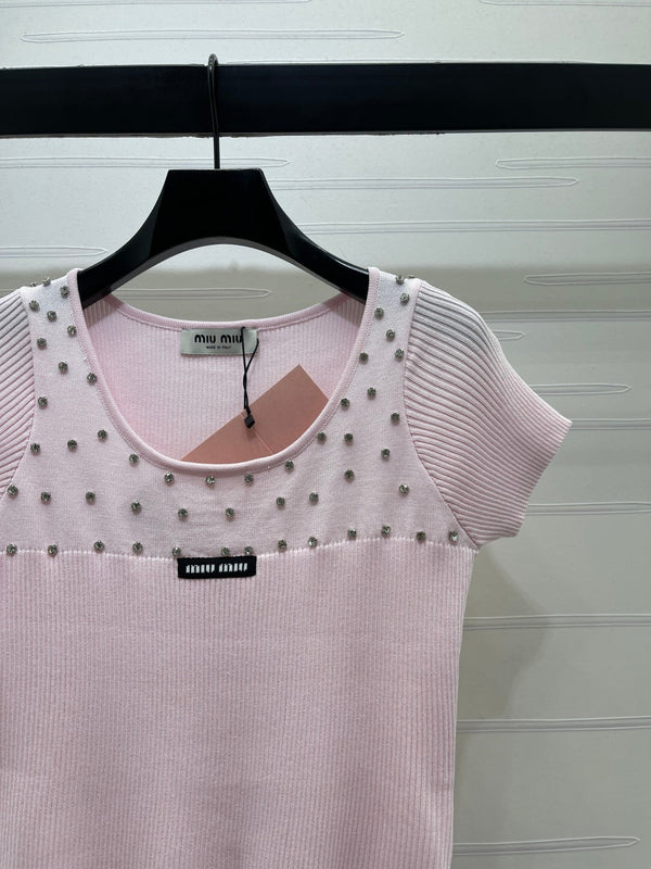 Miu 26 U-Neck Short-Sleeve Top Pink in Wool 375886