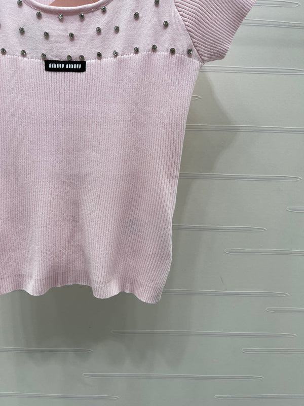 Miu 26 U-Neck Short-Sleeve Top Pink in Wool 375886