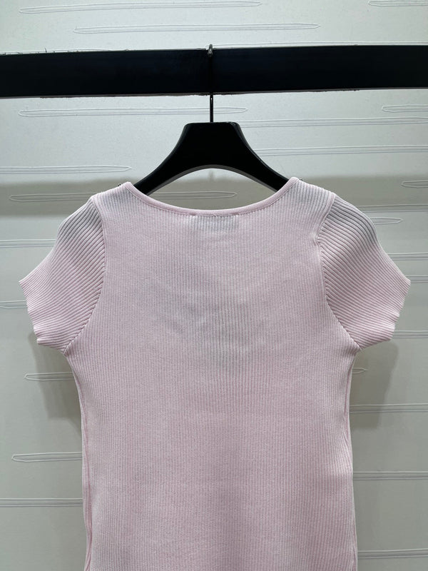 Miu 26 U-Neck Short-Sleeve Top Pink in Wool 375886