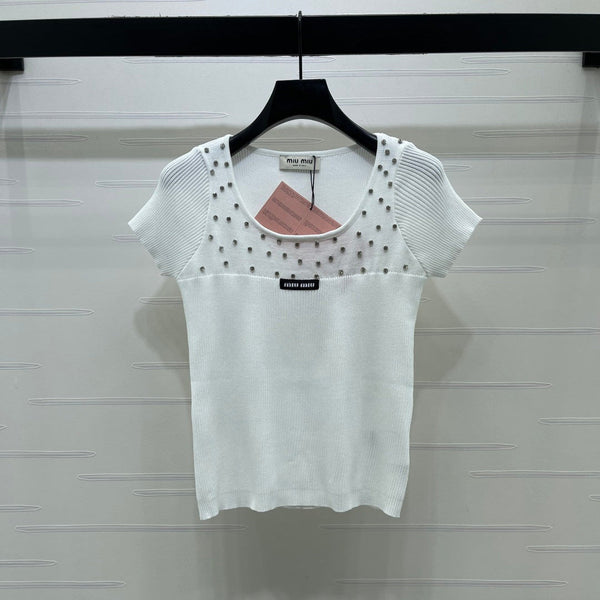 Miu 26 U-Neck Short-Sleeve Top White in Wool 375885