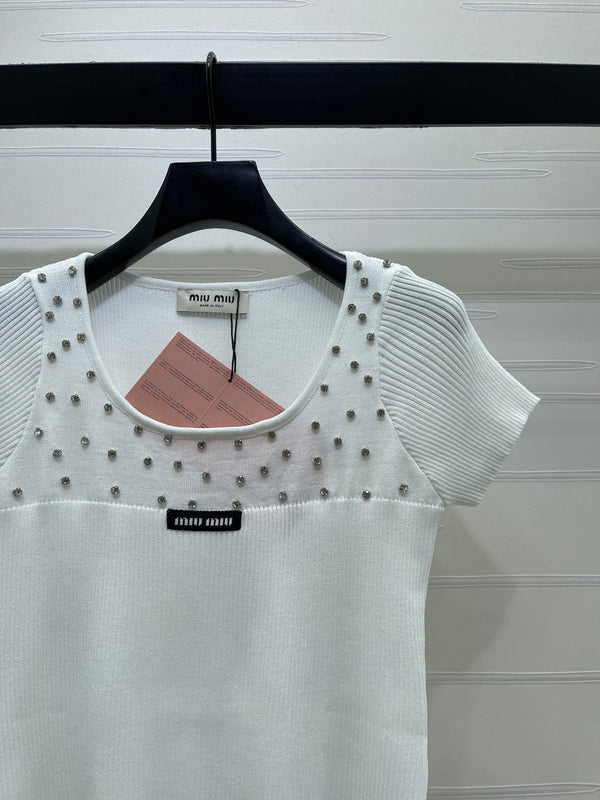 Miu 26 U-Neck Short-Sleeve Top White in Wool 375885