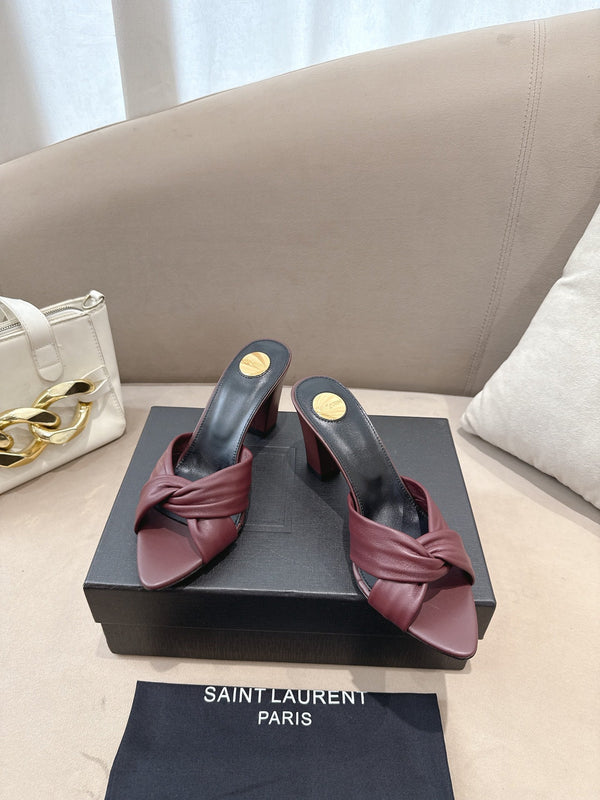 YSL Sandal Heel 75mm Burgundy in Lambskin 771709