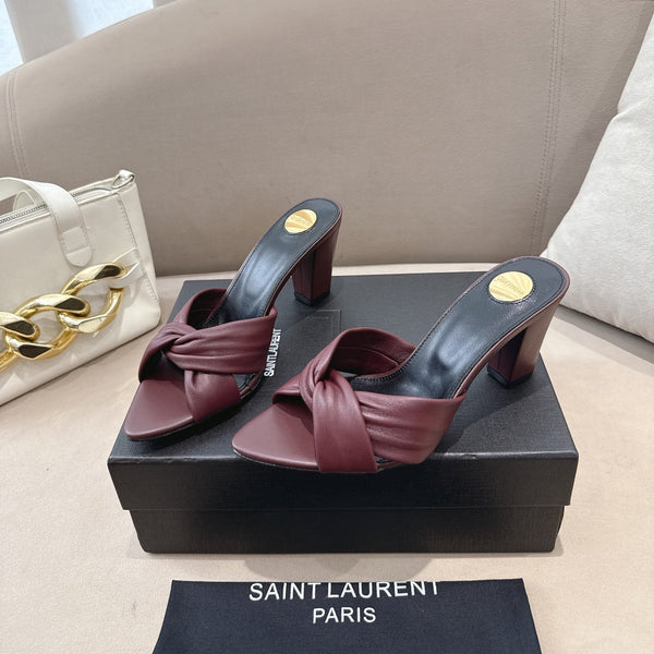 YSL Sandal Heel 75mm Burgundy in Lambskin 771709