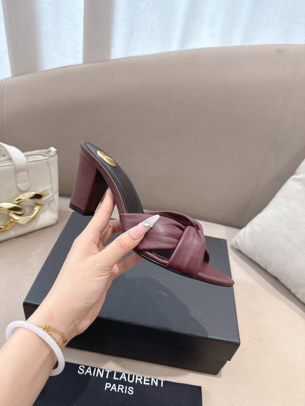 YSL Sandal Heel 75mm Burgundy in Lambskin 771709