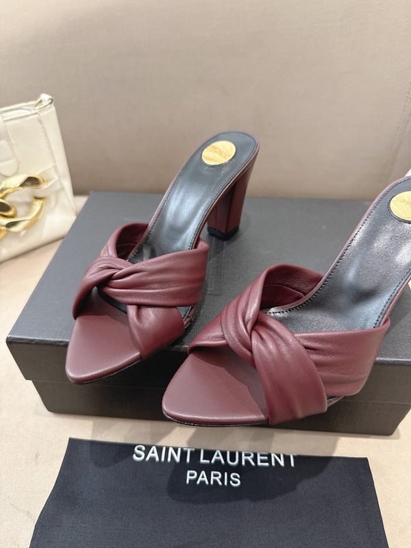 YSL Sandal Heel 75mm Burgundy in Lambskin 771709