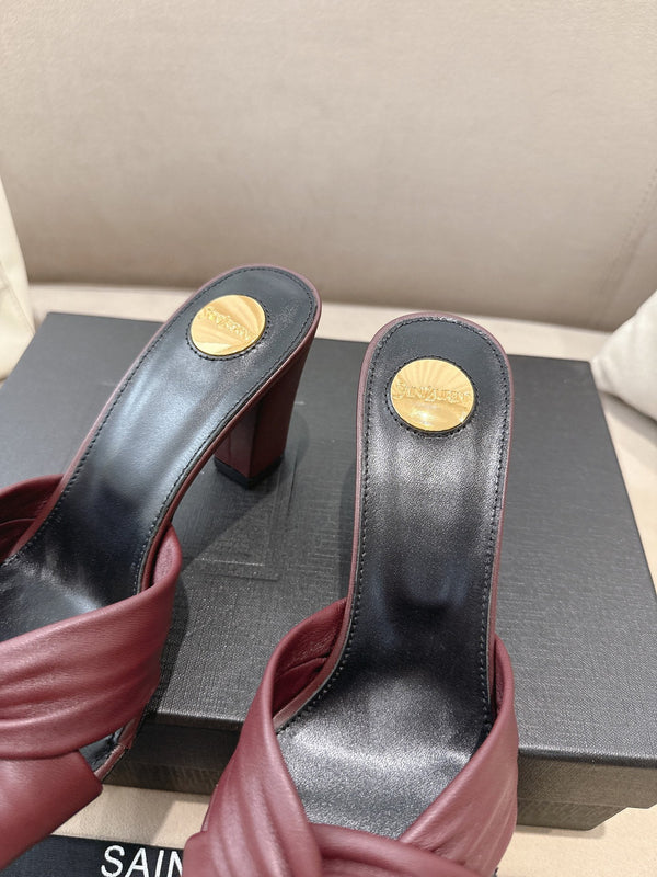 YSL Sandal Heel 75mm Burgundy in Lambskin 771709