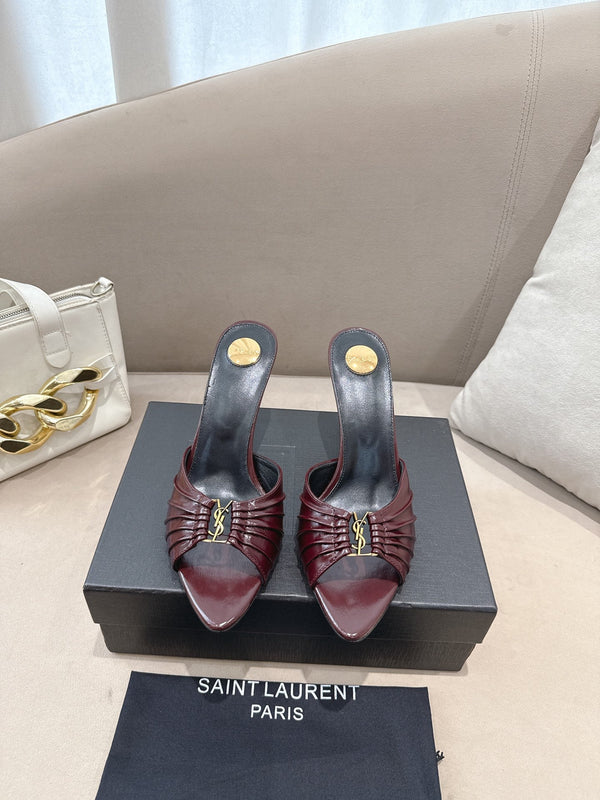 YSL Babylone Mules 90mm Burgundy in Supple Leather 771705