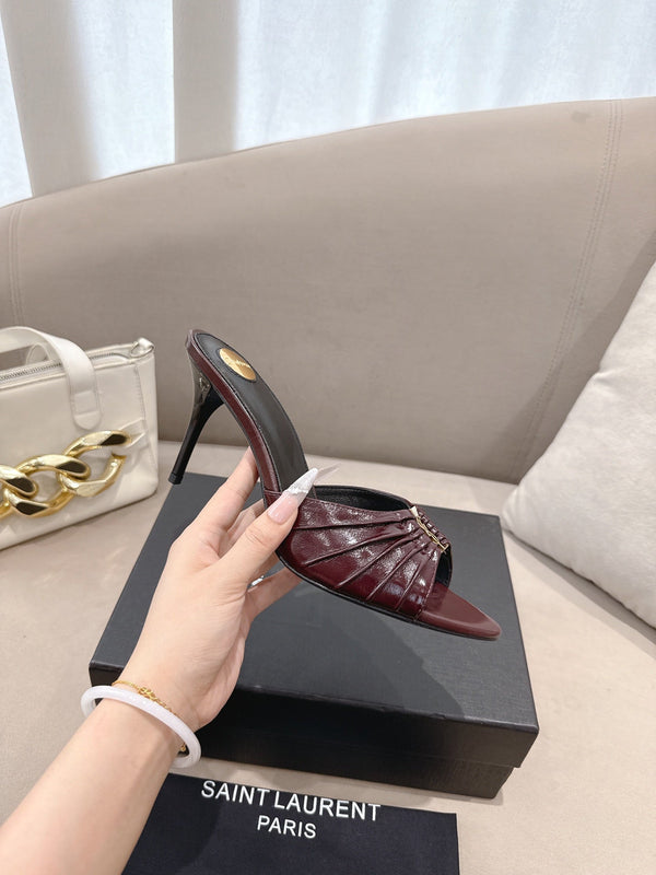 YSL Babylone Mules 90mm Burgundy in Supple Leather 771705