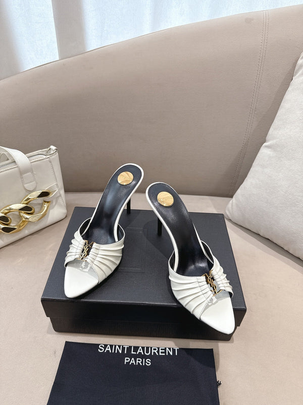 YSL Babylone Mules 90mm White in Supple Leather 771703