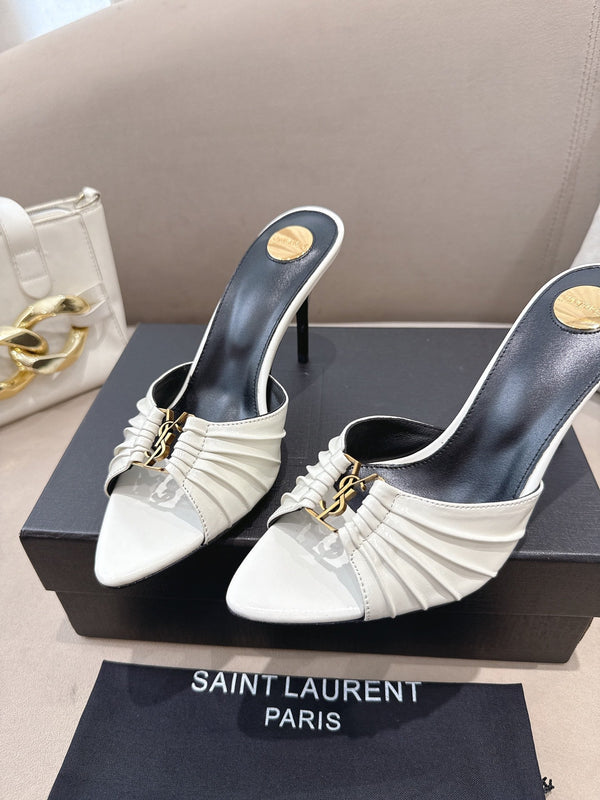 YSL Babylone Mules 90mm White in Supple Leather 771703