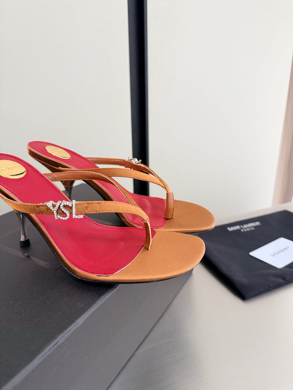 YSL Metal Heel 75mm with Side Rhinestone Buckle Logo Orange in Silk 784728