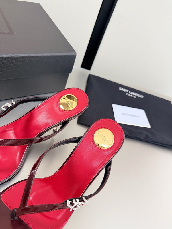 YSL Metal Heel 75mm with Side Rhinestone Buckle Logo Burgundy in Cowhide 784724
