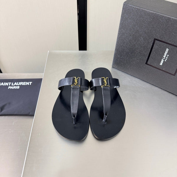YSL Flat Flip-flops Black in Cowhide 784708