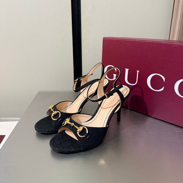 GG Buckle Stiletto Round Toe Heel Height 85mm Black in Monogram 784463