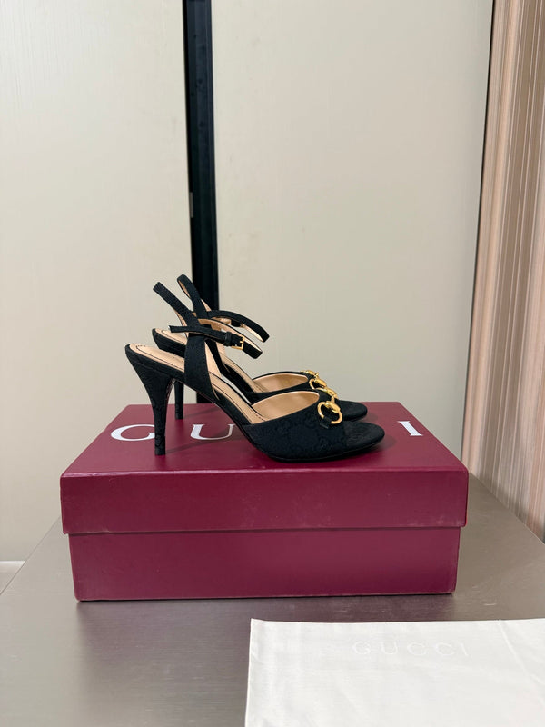 GG Buckle Stiletto Round Toe Heel Height 85mm Black in Monogram 784463