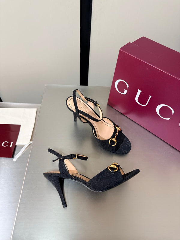 GG Buckle Stiletto Round Toe Heel Height 85mm Black in Monogram 784463