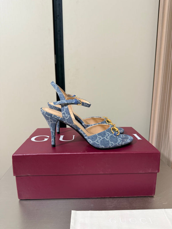 GG Buckle Stiletto Round Toe Heel Height 85mm Blue in Monogram 784461