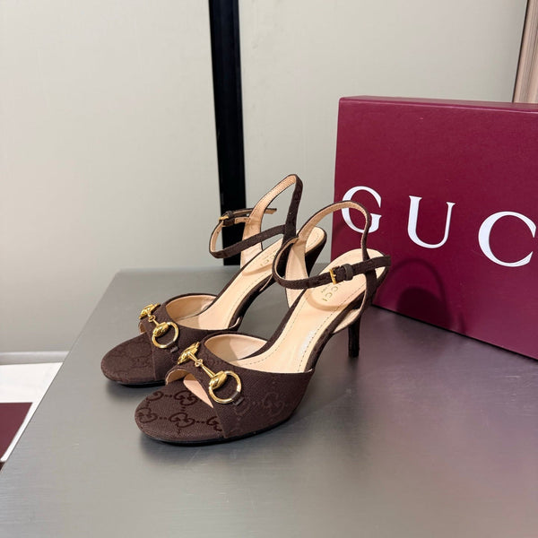 GG Buckle Stiletto Round Toe Heel Height 85mm Dark Brown in Monogram 784460