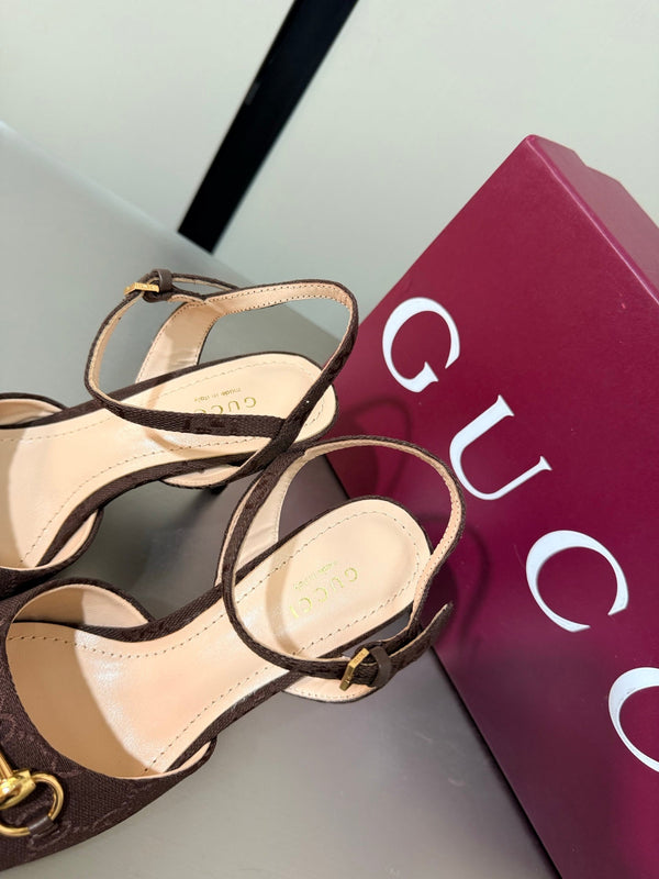 GG Buckle Stiletto Round Toe Heel Height 85mm Dark Brown in Monogram 784460