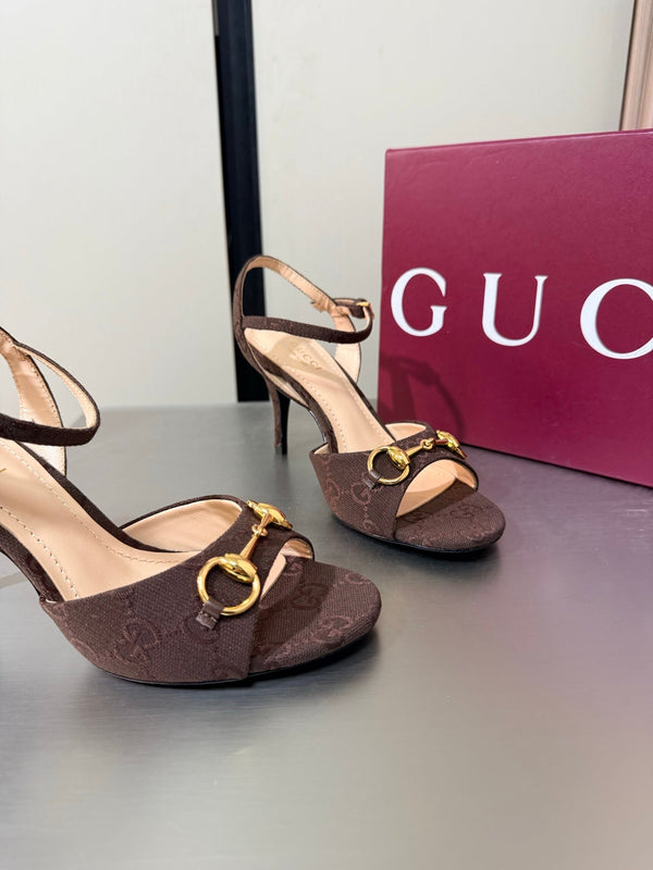 GG Buckle Stiletto Round Toe Heel Height 85mm Dark Brown in Monogram 784460