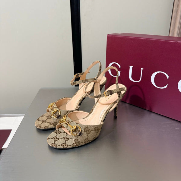 GG Buckle Stiletto Round Toe Heel Height 85mm Beige Brown in Monogram 784459