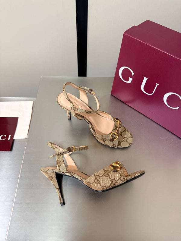 GG Buckle Stiletto Round Toe Heel Height 85mm Beige Brown in Monogram 784459