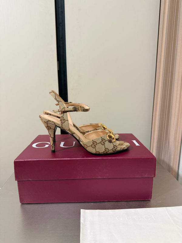 GG Buckle Stiletto Round Toe Heel Height 85mm Beige Brown in Monogram 784459