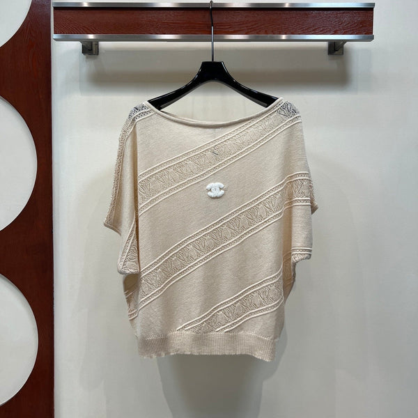 CC 26 Twill Openwork Knit Top Sandy Beige in Wool 385750