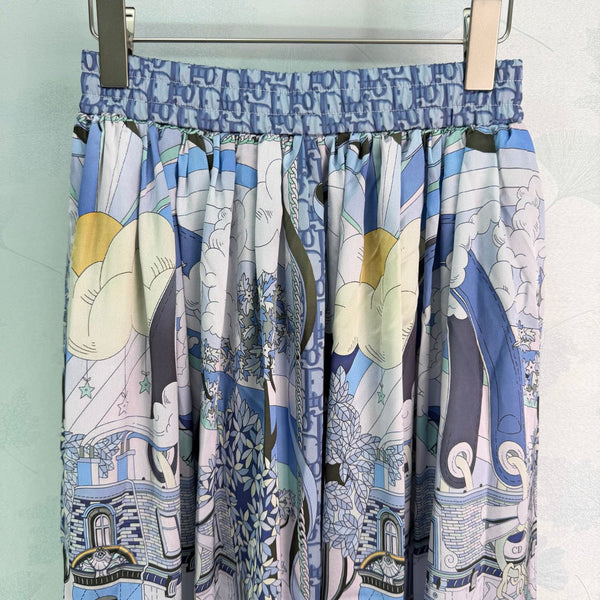 CD 26 Printed Elastic Waist Midi Skirt Blue in Polyester