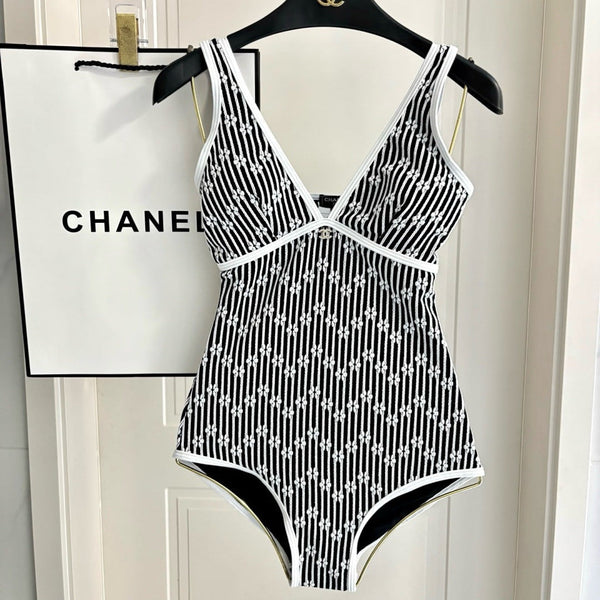 CC Striped Floral One-Piece Swimsuit in Black White 289861