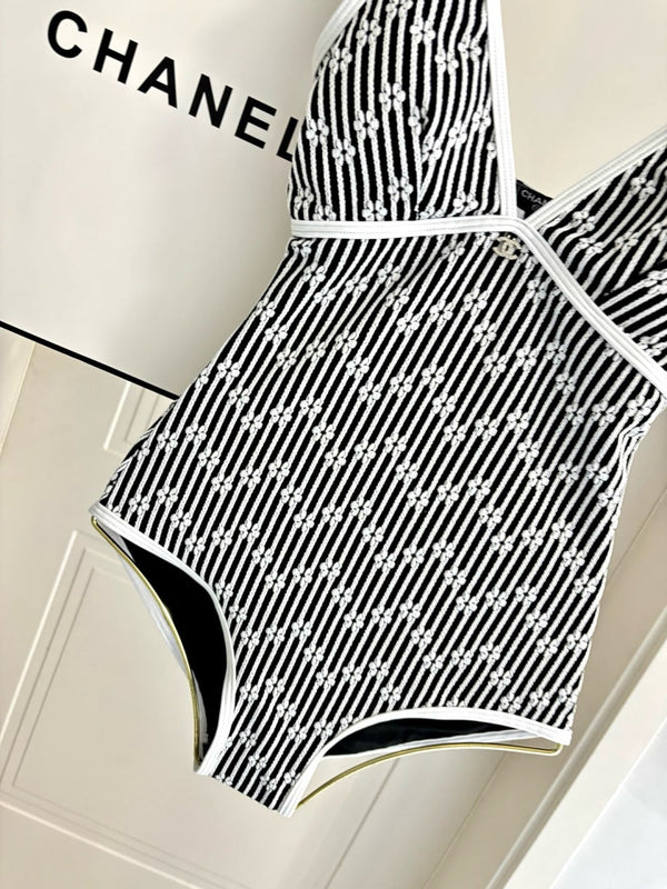 CC Striped Floral One-Piece Swimsuit in Black White 289861