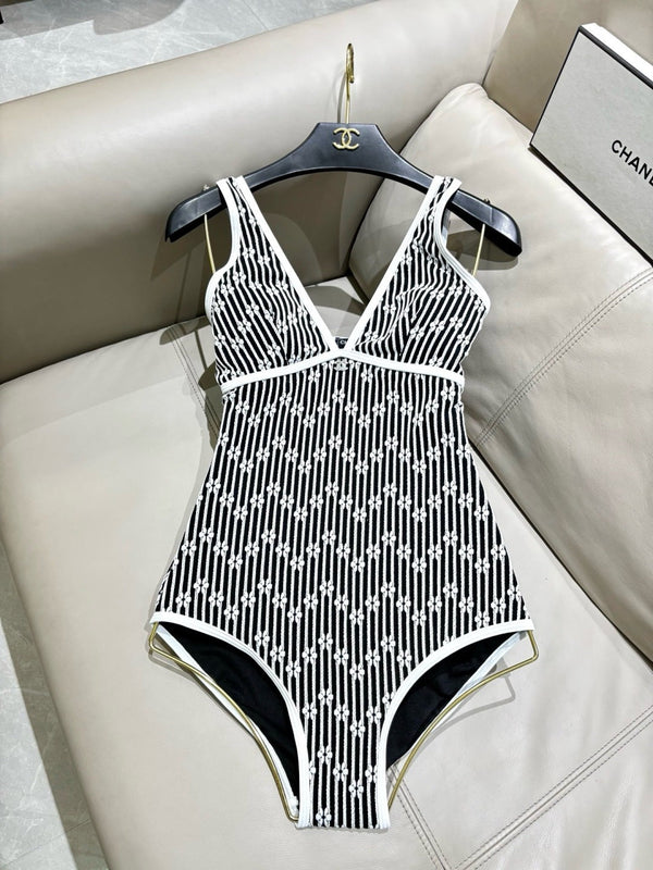 CC Striped Floral One-Piece Swimsuit in Black White 289861