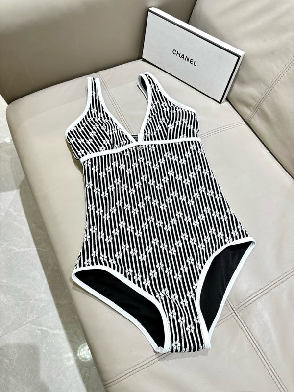 CC Striped Floral One-Piece Swimsuit in Black White 289861
