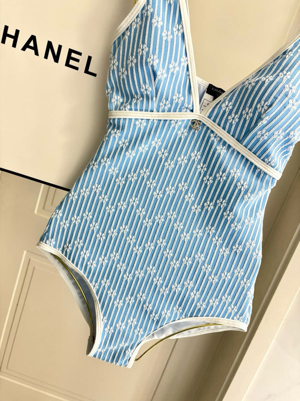 CC Striped Floral One-Piece Swimsuit in Blue White 289860