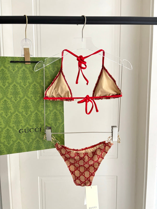 GG Beige Bikini Featuring Red Embroidered with Gold Chain Detail in Polyamide 241844
