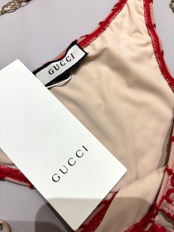 GG Beige Bikini Featuring Red Embroidered with Gold Chain Detail in Polyamide 241844