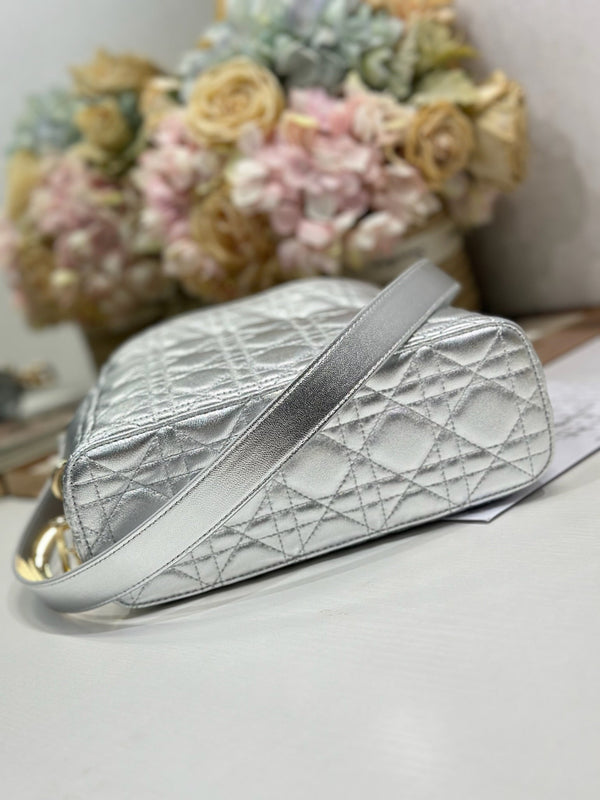 CD Lady Dior Shoulder Bag 27cm Silver Metallic in Sheepskin 155562