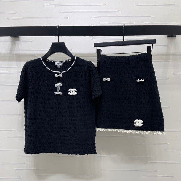 CC Bow-Tie Round Neck Knit Short-Sleeve Dress Set  Navy Blue in Viscose 387004
