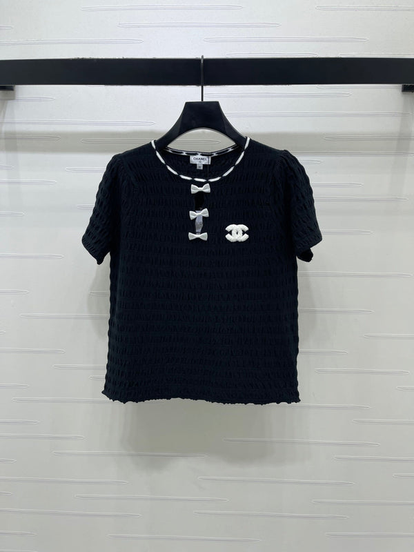CC Bow-Tie Round Neck Knit Short-Sleeve Dress Set  Navy Blue in Viscose 387004