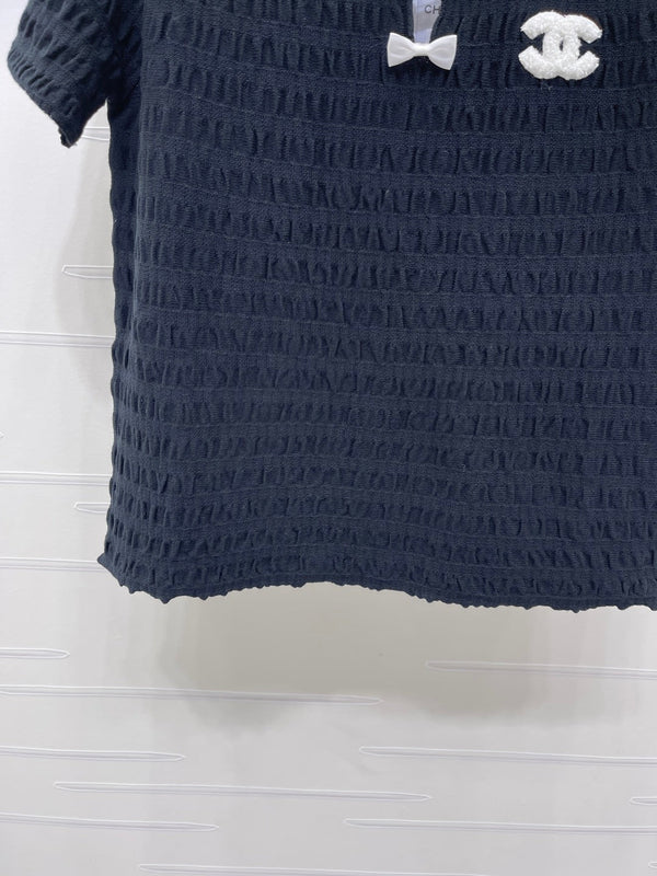 CC Bow-Tie Round Neck Knit Short-Sleeve Dress Set  Navy Blue in Viscose 387004