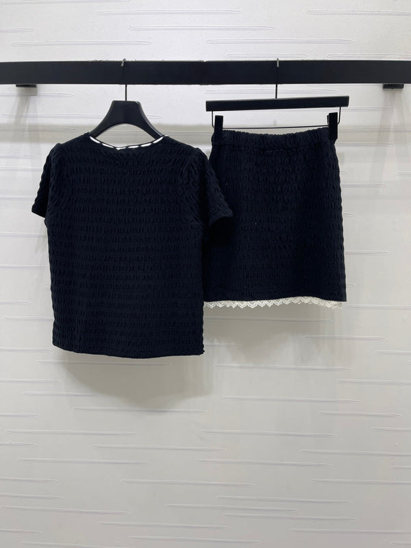 CC Bow-Tie Round Neck Knit Short-Sleeve Dress Set  Navy Blue in Viscose 387004