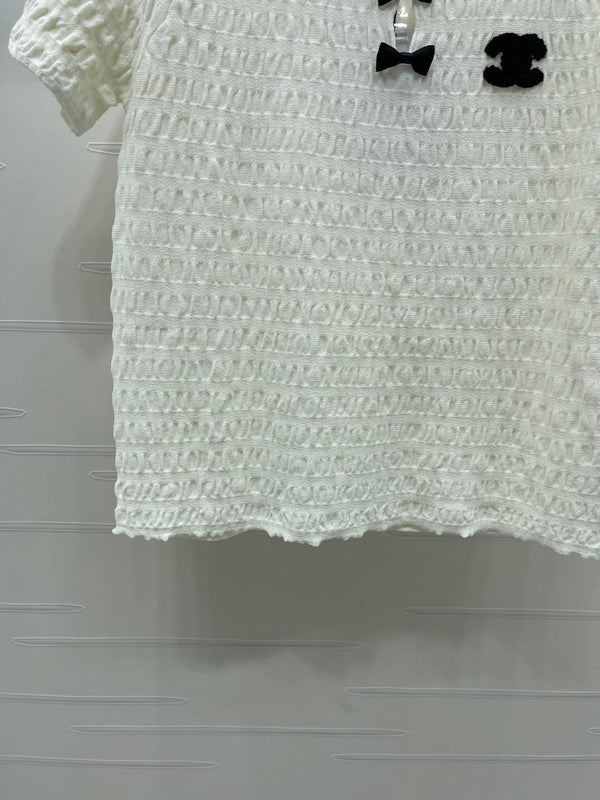 CC Bow-Tie Round Neck Knit Short-Sleeve Dress Set  White in Viscose 387003